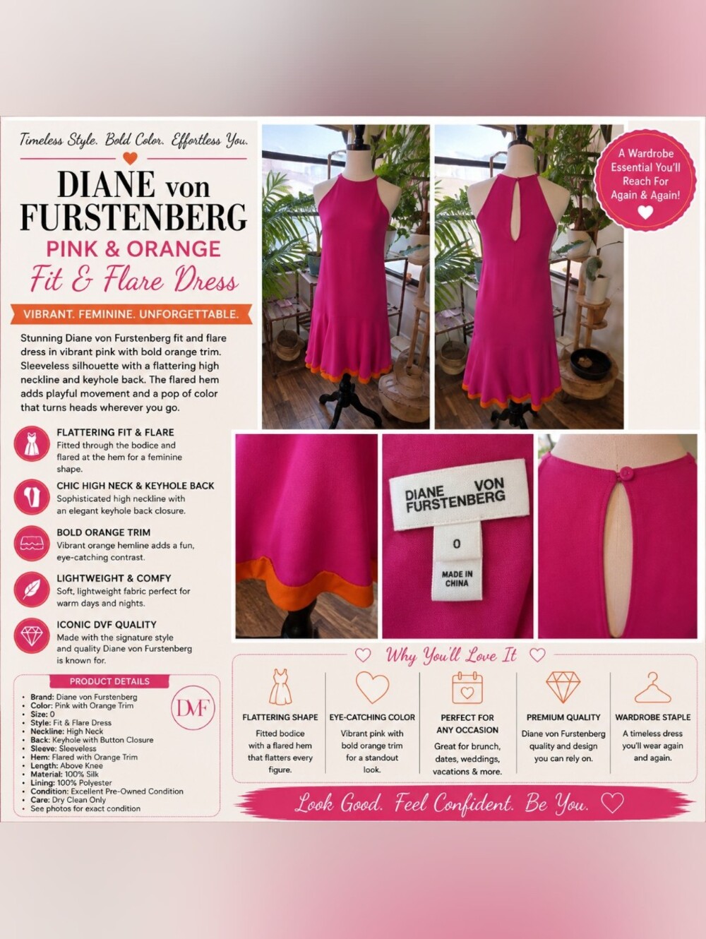 Diane von Furstenberg Pink & Orange Fit and Flare Dress Size 0